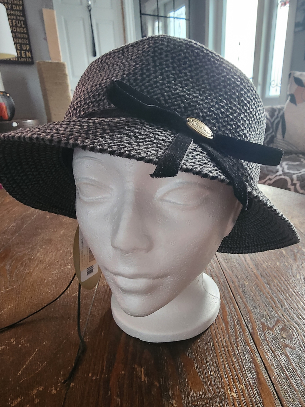 Facinie Women's Straw Moose Sweat  Hat with Velvet Bow& Adjustble String - Black